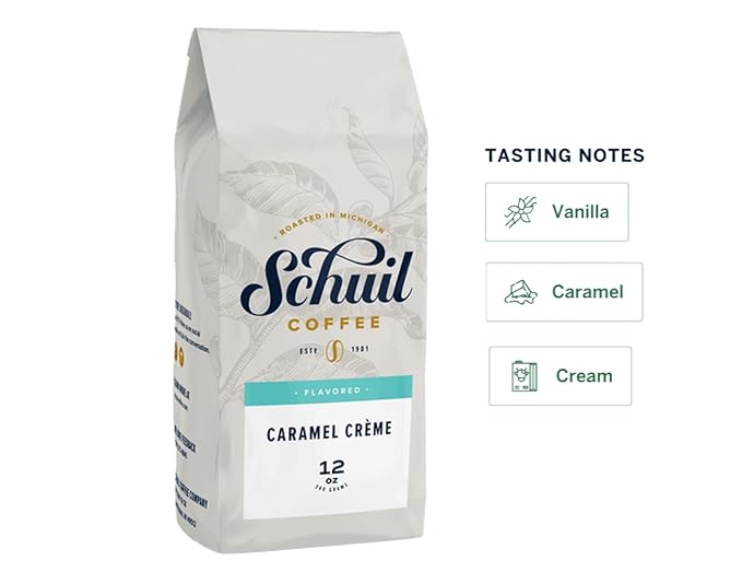 Caramel Creme, Schuil Whole Bean Coffee, Fair Trade, Premium Light Roasted Gourmet Whole Coffee Beans (12 Ounce Bag) - Small Batch Coffee Beans, Smooth and Full Bodied, Light Roast, Specialty Coffee, Caramel Flavored Coffee