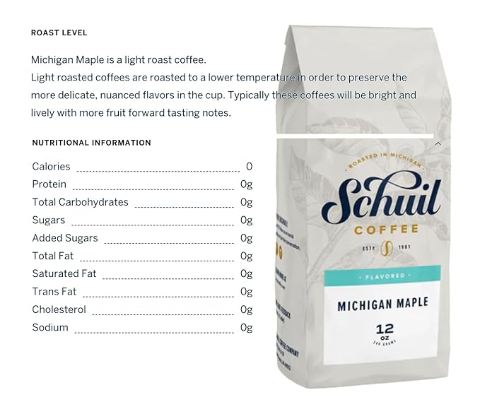 Michigan Maple, Schuil Whole Bean Coffee, Fair Trade, Premium Medium Roasted Gourmet Whole Coffee Beans (12 Ounce Bag) - Small Batch Coffee Beans, Smooth and Full Bodied, Light Roast, Specialty Coffee Perfect for Cold Brews