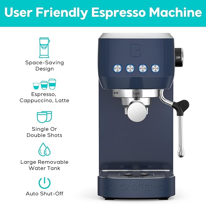CASABREWS 3700 Essential Espresso Machine 20 Bar, Stainless steel Coffee Maker with Milk Frother, Espresso Coffee Machine for Cappuccino, Latte, 43.9oz Water Tank, Sapphire Blue