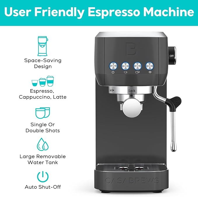 CASABREWS 3700 Essential Espresso Machine 20 Bar, Coffee Maker with Steam Milk Frother, Cappuccino & Latte Machine with 43.9oz Removable Water Tank, Charcoal Gray