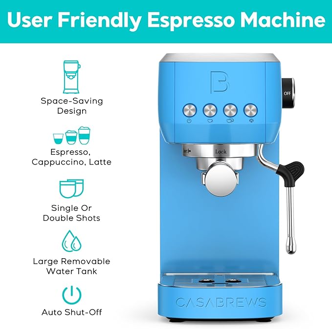 CASABREWS 3700 Essential Espresso Machine 20 Bar, Stainless Steel Espresso Maker with Steam Frother for Home, Compact Coffee Machine for for Cappuccino, Latte, 43.9oz Water Tank, Baby Blue