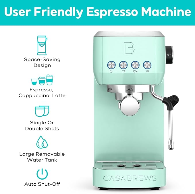 CASABREWS 3700 Essential Espresso Machine 20 Bar, Compact Coffee Maker with Steam Frother for Cappuccino, Latte, 43.9oz Water Tank, Pastel Green