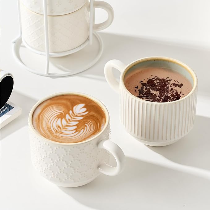 JIEMEI HOME Large Ceramic Coffee Mug Set of 4 with Stand, 15 Oz Stackable Different Embossment Ribbed Latte Cup Set for Cappuccino, Tea, Hot Cocoa, Drinks - Dishwasher & Microwave Safe, White & Green