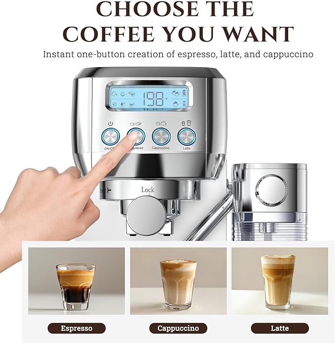 AMZCHEF Espresso Machine with LCD Display, 20 Bar Cappuccino Machines with Automatic Milk Frother for Home Gifts, Latte Coffee Maker with Dual Wall & Filters, Stainless Steel Style Pink