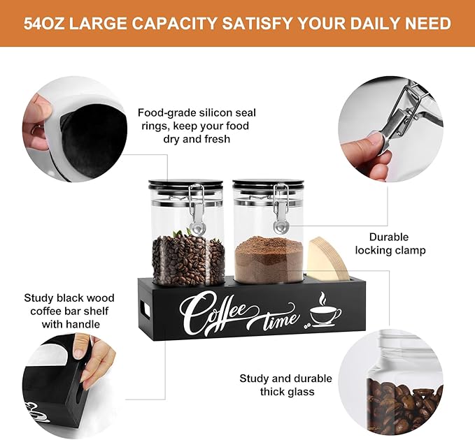 Glass Coffee Containers with Shelf Coffee Station Organizer 54oz Black Glass Coffee Bar Accessories Coffees Filter Holder for Kitchen Organization Coffees Bean Storage Canister