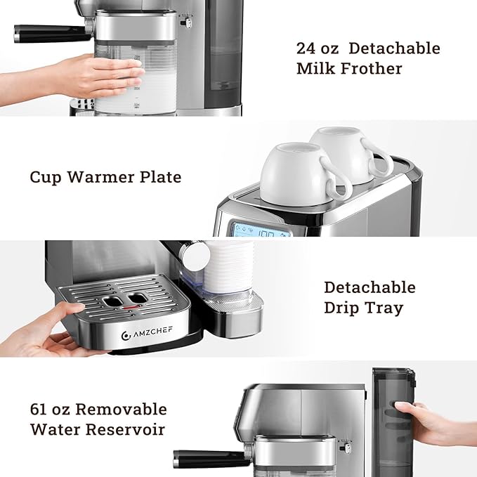 AMZCHEF Espresso Machine with LCD Display, 20 Bar Cappuccino Machines with Automatic Milk Frother for Home Gifts, Latte Coffee Maker with Dual Wall & Filters, Stainless Steel Style Pink