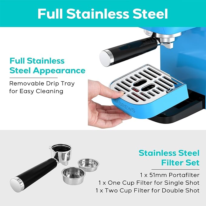 CASABREWS 3700 Essential Espresso Machine 20 Bar, Stainless Steel Espresso Maker with Steam Frother for Home, Compact Coffee Machine for for Cappuccino, Latte, 43.9oz Water Tank, Baby Blue