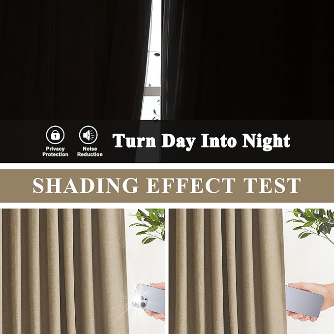 Vision Home Brown Pinch Pleated Full Blackout Curtains Linen Blended 60" Wide Thermal Insulated Window Panels 90 inch for Bedroom Living Room Darkening Pleat Drapes with Hooks Back Tab 60" Wx90 Lx1