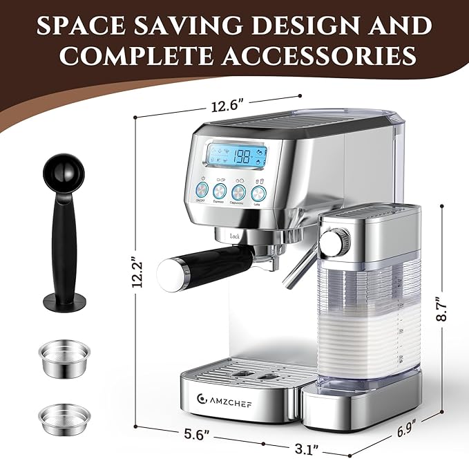 AMZCHEF Espresso Machine with LCD Display, 20 Bar Cappuccino Machines with Automatic Milk Frother for Home Gifts, Latte Coffee Maker with Dual Wall & Filters, Stainless Steel Style Pink