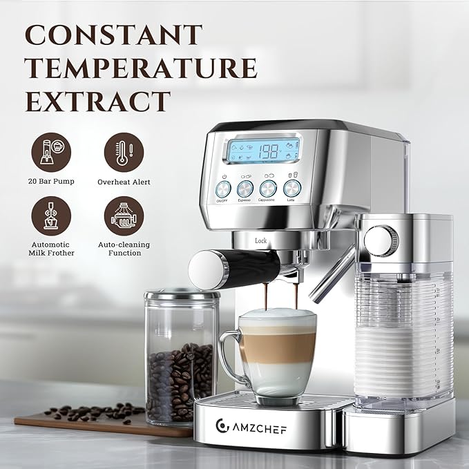 AMZCHEF Espresso Machine with LCD Display, 20 Bar Cappuccino Machines with Automatic Milk Frother for Home Gifts, Latte Coffee Maker with Dual Wall & Filters, Stainless Steel Style Pink