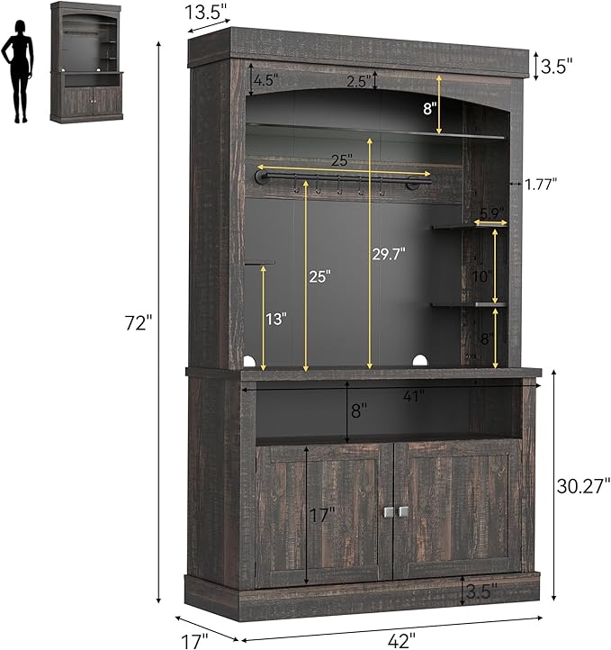 Coffee Bar Cabinet with LED Lights 72" Tall Buffet Cabinet with Storage Farmhouse Kitchen Sideboard Tall Coffee Hutch with Microwave Stand/Wine Rack/Glass Shelf Dining Room (Oak)