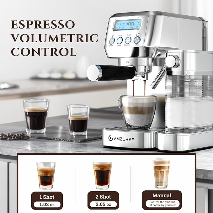 AMZCHEF Espresso Machine with LCD Display, 20 Bar Cappuccino Machines with Automatic Milk Frother for Home Gifts, Latte Coffee Maker with Dual Wall & Filters, Stainless Steel Style Pink