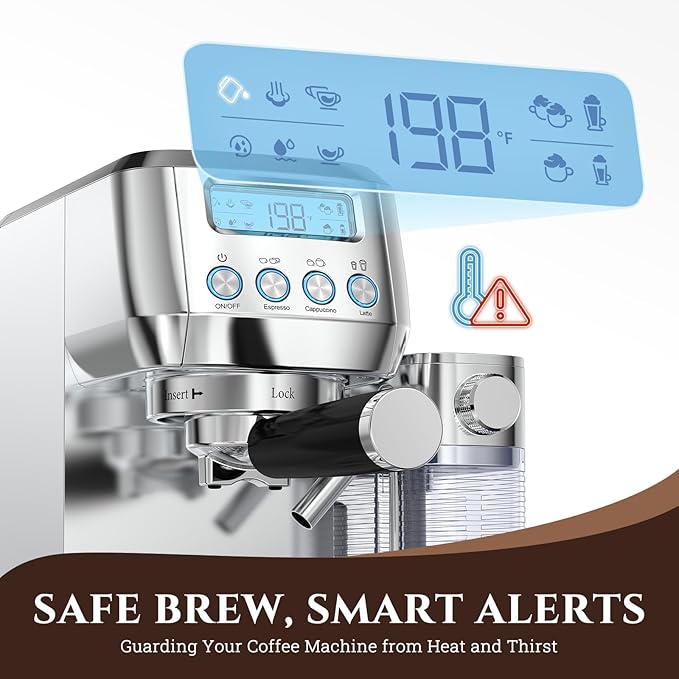 AMZCHEF Espresso Machine with LCD Display, 20 Bar Cappuccino Machines with Automatic Milk Frother for Home Gifts, Latte Coffee Maker with Dual Wall & Filters, Stainless Steel Style Pink