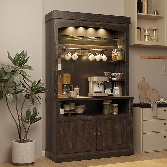 Coffee Bar Cabinet with LED Lights 72" Tall Buffet Cabinet with Storage Farmhouse Kitchen Sideboard Tall Coffee Hutch with Microwave Stand/Wine Rack/Glass Shelf Dining Room (Oak)