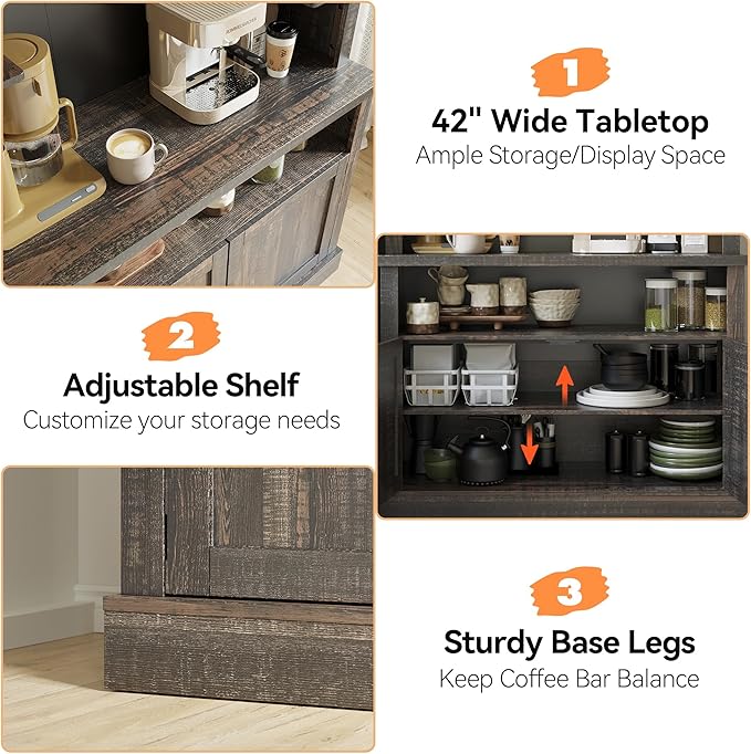 Coffee Bar Cabinet with LED Lights 72" Tall Buffet Cabinet with Storage Farmhouse Kitchen Sideboard Tall Coffee Hutch with Microwave Stand/Wine Rack/Glass Shelf Dining Room (Oak)