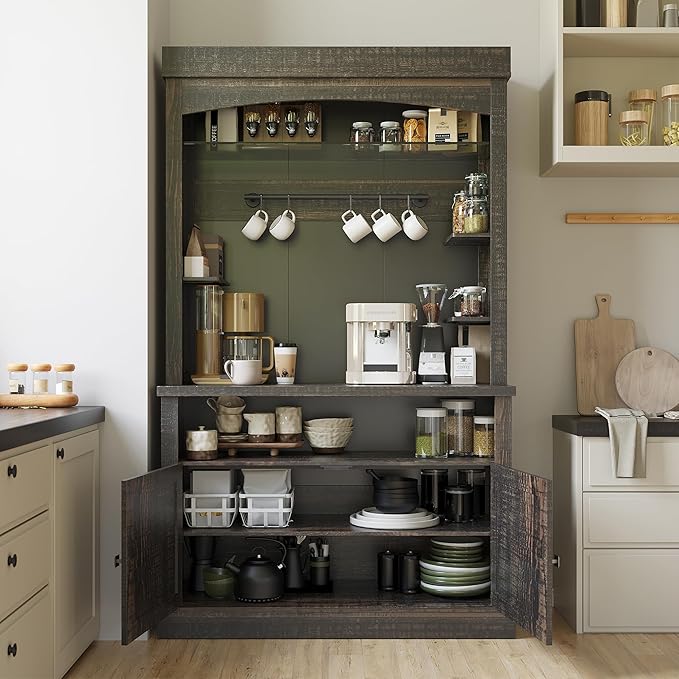 Coffee Bar Cabinet with LED Lights 72" Tall Buffet Cabinet with Storage Farmhouse Kitchen Sideboard Tall Coffee Hutch with Microwave Stand/Wine Rack/Glass Shelf Dining Room (Oak)