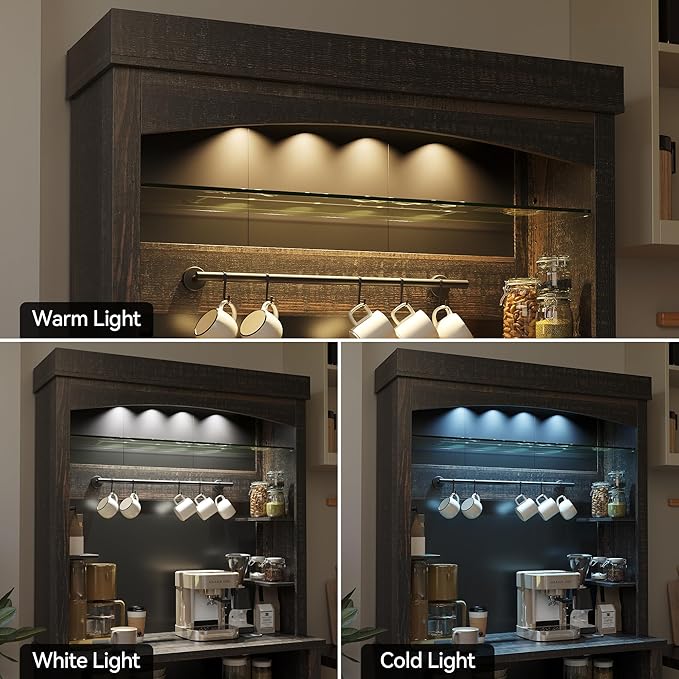 Coffee Bar Cabinet with LED Lights 72" Tall Buffet Cabinet with Storage Farmhouse Kitchen Sideboard Tall Coffee Hutch with Microwave Stand/Wine Rack/Glass Shelf Dining Room (Oak)
