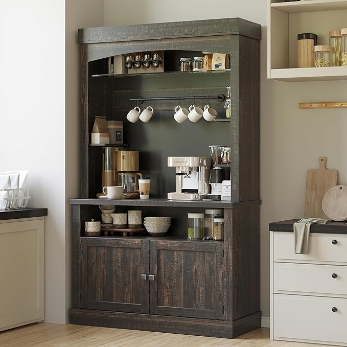 Coffee Bar Cabinet with LED Lights 72" Tall Buffet Cabinet with Storage Farmhouse Kitchen Sideboard Tall Coffee Hutch with Microwave Stand/Wine Rack/Glass Shelf Dining Room (Oak)
