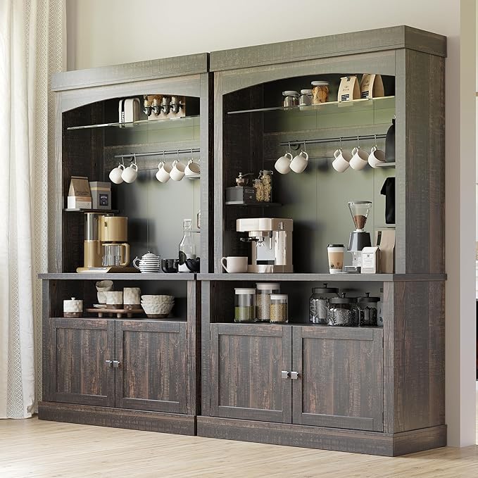 Coffee Bar Cabinet with LED Lights 72" Tall Buffet Cabinet with Storage Farmhouse Kitchen Sideboard Tall Coffee Hutch with Microwave Stand/Wine Rack/Glass Shelf Dining Room (Oak)