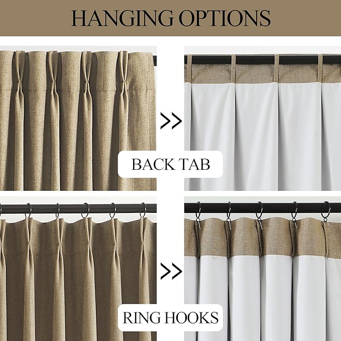 Vision Home Brown Pinch Pleated Full Blackout Curtains Linen Blended 60" Wide Thermal Insulated Window Panels 102 inch for Bedroom Living Room Darkening Pleat Drapes with Hooks Back Tab 60" Wx102 Lx1