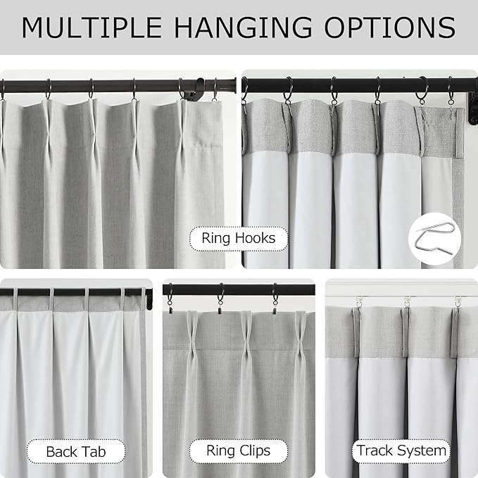 Vision Home Light Gray Pinch Pleated Full Blackout Curtains Linen Blended Thermal Insulated Window Panels 102 inch for Bedroom Living Room Darkening Grey Pleat Drapes with Hooks Back Tab 60"Wx102"Lx1