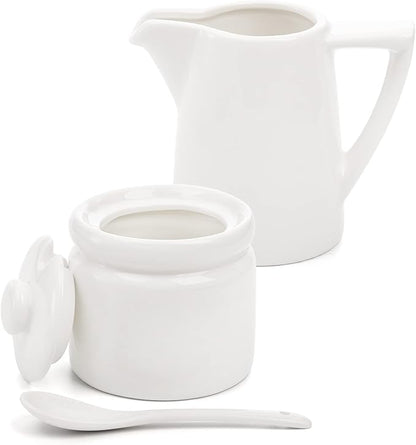 ZENFUN Set of 4 Porcelain Creamer and Sugar Set with Saucer, Sugar Bowl with Lid and Spoon, Cream Pitcher, Sweetener Holder, Coffee Serving Set for Kitchen Home Cafe Party, Restaurant, White