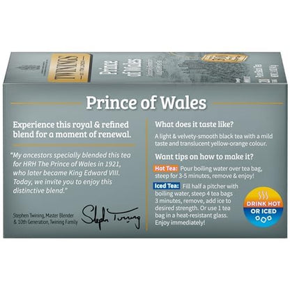 Twinings Prince of Wales Black Tea Individually Wrapped Bags, 20 Count (Pack of 6), Velvety Smooth & Mild, Caffeinated, Enjoy Hot or Iced | Packaging May Vary