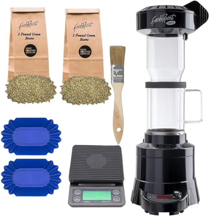 Coffee Roaster Bundle SR800, Glass Extension Tube, Pour Over DIgital Scale, (2lbs) Sample Pack of Green Beans, (2-Pack) Sample Trays, Chaff Brush