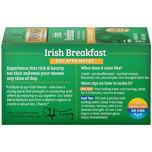 Twinings Decaffeinated Irish Breakfast Black Tea Individually Wrapped Bags, 20 Count (Pack of 6), Flavourful, Robust, Enjoy Hot or Iced | Packaging May Vary