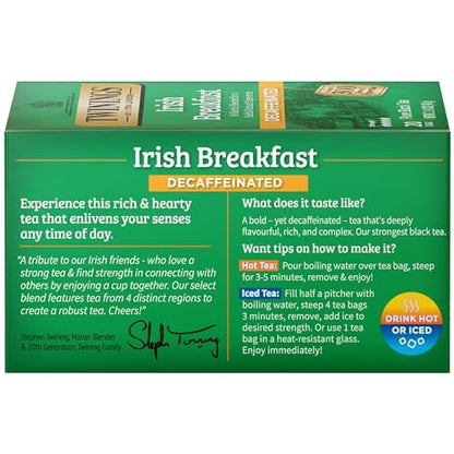 Twinings Decaffeinated Irish Breakfast Black Tea Individually Wrapped Bags, 20 Count (Pack of 6), Flavourful, Robust, Enjoy Hot or Iced | Packaging May Vary