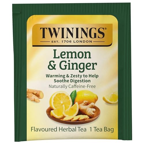 Twinings Lemon & Ginger Herbal Tea Individually Wrapped Bags, 20 Count (Pack of 6), Tangy Lemon, Spicy Ginger, Naturally Caffeine-Free, Enjoy Hot or Iced | Packaging May Vary