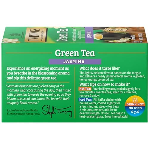Twinings Green Tea with Jasmine Individually Wrapped Bags, 20 Count (Pack of 6), Fragrant Floral Scent, Caffeinated, Enjoy Hot or Iced | Packaging May Vary