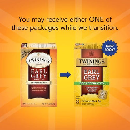 Twinings Decaffeinated Earl Grey Black Tea Individually Wrapped Bags, 20 Count (Pack of 6), Flavoured with Citrus and Bergamot, Enjoy Hot or Iced | Packaging May Vary