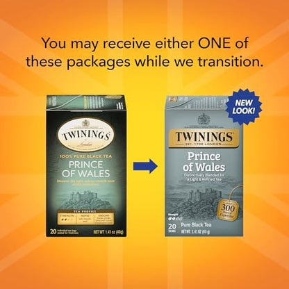 Twinings Prince of Wales Black Tea Individually Wrapped Bags, 20 Count (Pack of 6), Velvety Smooth & Mild, Caffeinated, Enjoy Hot or Iced | Packaging May Vary