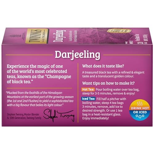 Twinings Darjeeling Black Tea Individually Wrapped Bags, 20 Count (Pack of 6), Delicate Light Taste, Caffeinated, Enjoy Hot or Iced | Packaging May Vary