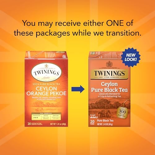Twinings Ceylon Pure Black Tea Individually Wrapped Bags, 20 Count (Pack of 6), formerly Ceylon Orange Pekoe, Crisp, Refreshing, Caffeinated, Enjoy Hot or Iced | Packaging May Vary