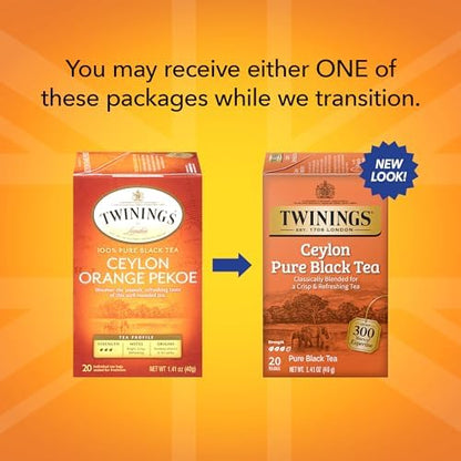 Twinings Ceylon Pure Black Tea Individually Wrapped Bags, 20 Count (Pack of 6), formerly Ceylon Orange Pekoe, Crisp, Refreshing, Caffeinated, Enjoy Hot or Iced | Packaging May Vary