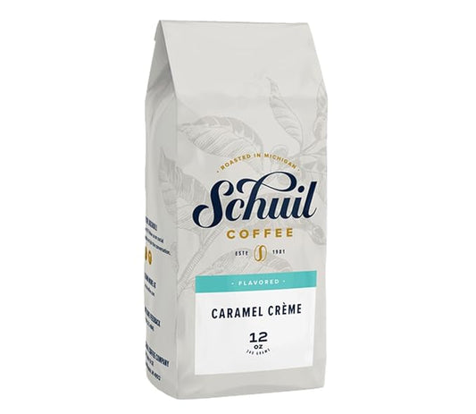 Caramel Creme, Schuil Whole Bean Coffee, Fair Trade, Premium Light Roasted Gourmet Whole Coffee Beans (12 Ounce Bag) - Small Batch Coffee Beans, Smooth and Full Bodied, Light Roast, Specialty Coffee, Caramel Flavored Coffee