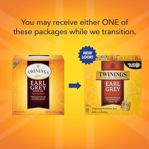 Twinings Earl Grey Black Tea Individually Wrapped Bags, 50 Count (Pack of 6), Flavoured with Citrus and Bergamot, Caffeinated, Enjoy Hot or Iced | Packaging May Vary