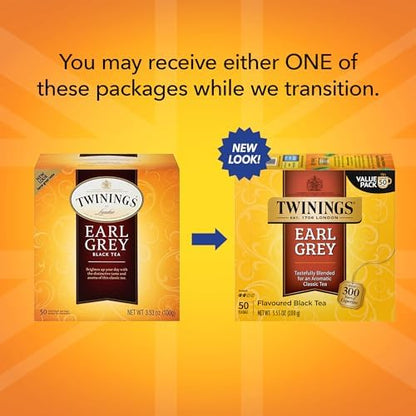 Twinings Earl Grey Black Tea Individually Wrapped Bags, 50 Count (Pack of 6), Flavoured with Citrus and Bergamot, Caffeinated, Enjoy Hot or Iced | Packaging May Vary