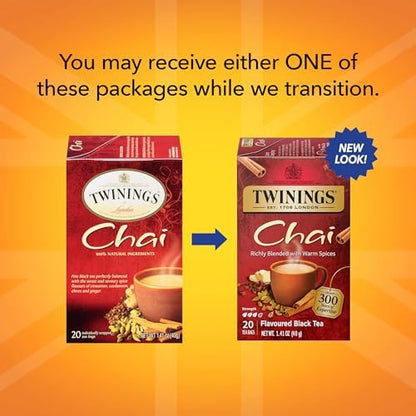 Twinings Chai Black Tea Individually Wrapped Bags, 20 Count (Pack of 6), Sweet, Savoury Spices, Caffeinated, Enjoy Hot or Iced | Packaging May Vary