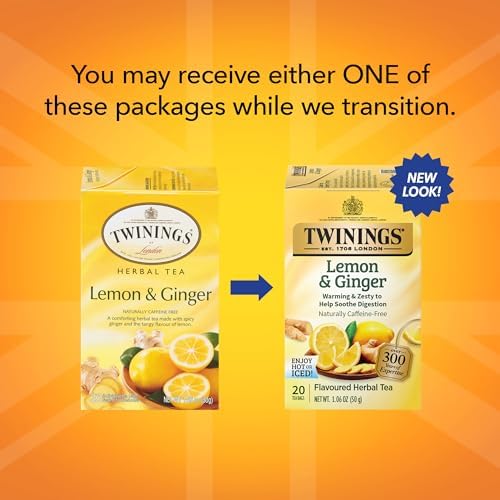 Twinings Lemon & Ginger Herbal Tea Individually Wrapped Bags, 20 Count (Pack of 6), Tangy Lemon, Spicy Ginger, Naturally Caffeine-Free, Enjoy Hot or Iced | Packaging May Vary