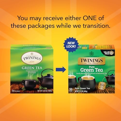Twinings Pure Green Tea Individually Wrapped Bags, 50 Count (Pack of 6), Smooth Flavour, Enticing Aroma, Caffeinated, Enjoy Hot or Iced | Packaging May Vary