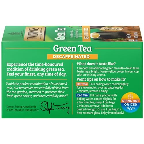 Twinings Decaffeinated Green Tea Individually Wrapped Bags, 20 Count (Pack of 6), Smooth Flavour, Enticing Aroma, Enjoy Hot or Iced | Packaging May Vary