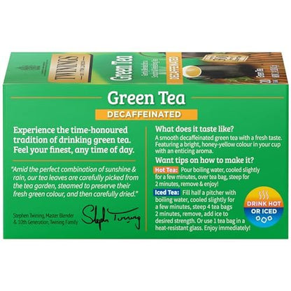 Twinings Decaffeinated Green Tea Individually Wrapped Bags, 20 Count (Pack of 6), Smooth Flavour, Enticing Aroma, Enjoy Hot or Iced | Packaging May Vary