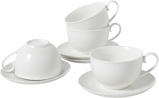 Coffee Cups with Saucers, Cappuccino Mug Set of 4 (10oz), Ceramic White Tea Mugs with Saucers, Microwave and Dishwasher Safe, for Home, Cafe, Bridal Shower, and Housewarming