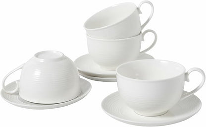 Coffee Cups with Saucers, Cappuccino Mug Set of 4 (10oz), Ceramic White Tea Mugs with Saucers, Microwave and Dishwasher Safe, for Home, Cafe, Bridal Shower, and Housewarming