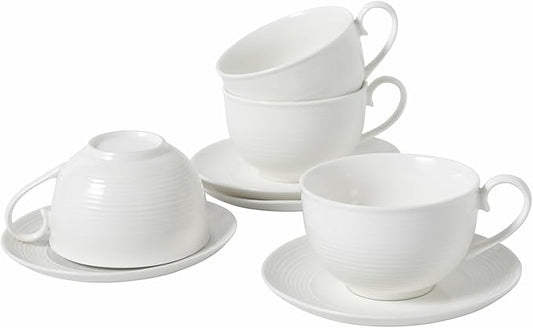 Coffee Cups with Saucers, Cappuccino Mug Set of 4 (10oz), Ceramic White Tea Mugs with Saucers, Microwave and Dishwasher Safe, for Home, Cafe, Bridal Shower, and Housewarming