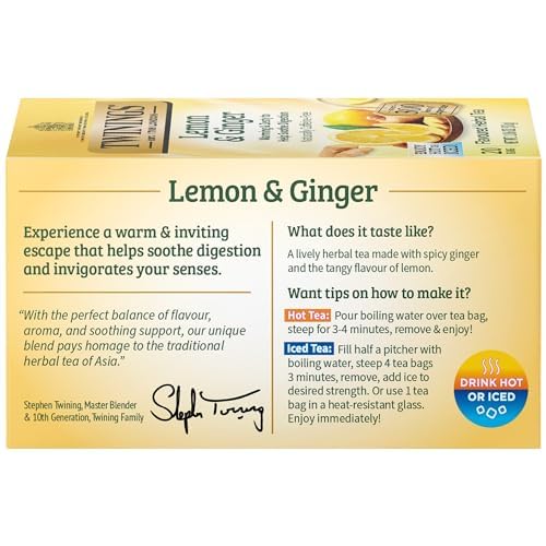 Twinings Lemon & Ginger Herbal Tea Individually Wrapped Bags, 20 Count (Pack of 6), Tangy Lemon, Spicy Ginger, Naturally Caffeine-Free, Enjoy Hot or Iced | Packaging May Vary