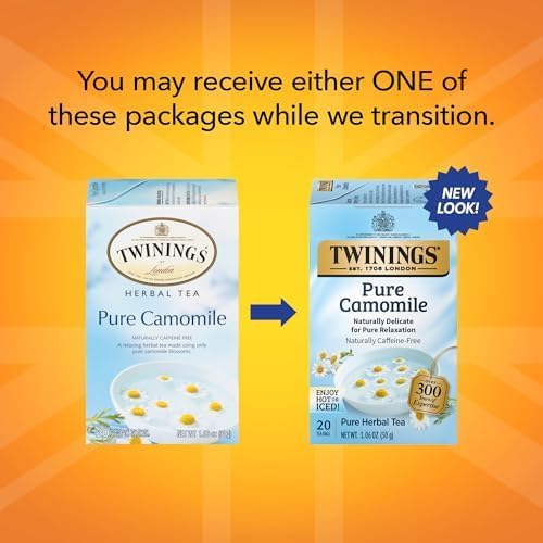 Twinings Pure Camomile Herbal Tea Individually Wrapped Bags, 20 Count (Pack of 6), Naturally Caffeine-Free, Enjoy Hot or Iced | Packaging May Vary